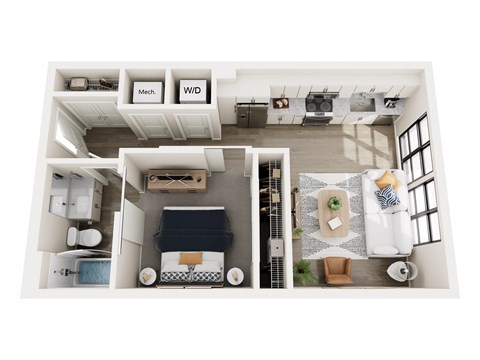 Floor plan for 1 bed, 1 bath, 588 sqft